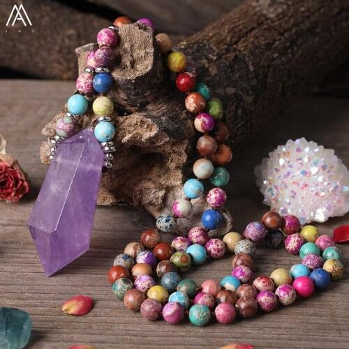 Natural Amethysts Quartz Double Point Pendant 8mm Sea Sediment Jaspers Round Beads Knotted Handmade Necklace Women Boho Jewelry