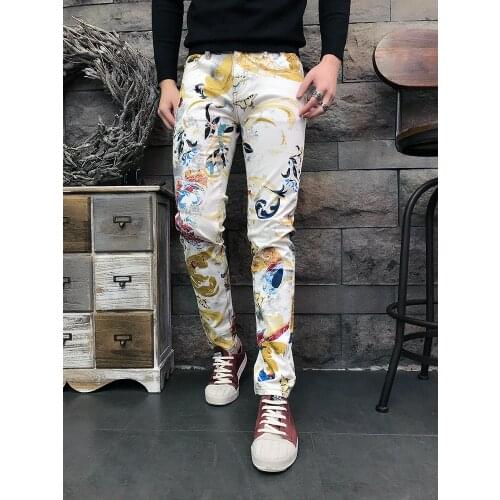 Mens Casual Spring Summer Flower Print Jeans Bar Club Fashion Trousers Colored Drawing Slim Elastic Cotton Denim Pants