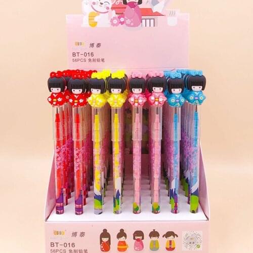 56 pcs/lot Kawaii Kimono Doll Mechanical Pencil Creative Automatic Pen stationery gift School Office writing Supplies