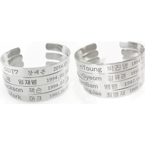 Kpop JB BAMBAM Jackson Mark Stainless Steel Open C-shaped Design Bracelet Engraved Date of Birth Name Numerals Jewelry