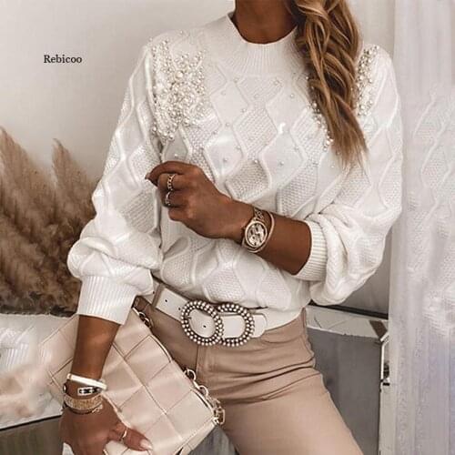 Fashionable Winter Clothing Beaded Decor Long Sleeve Cute Knitted Pullover Warm Sweater White Oversized Jumper Pull Femme Hiver
