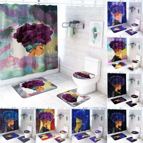Fashion Bathroom Set Africa American Girl Waterproof Shower Curtain With Hooks Bathroom Non-Slip Rug Toilet Seat Cover