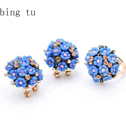 Wedding Earrings Set Romantic Ceramic Flower Rhinestone Jewellery Sets For Women White Blue Floral Jewelry Adjustable Rings
