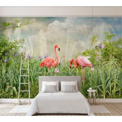 Custom 3D wallpaper mural modern minimalist small fresh flowers and plants flamingo TV background wall