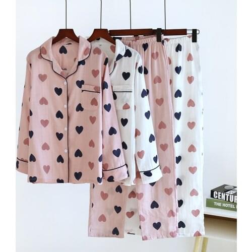 New Lovely Print Pajamas For Women 100% Cotton Homewear Two Piece Set Home Clothes Female Spring Gauze Sleepwear Suit