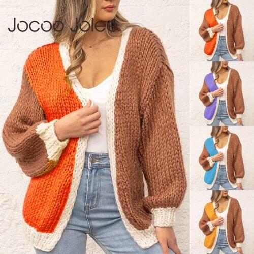 Jocoo Jolee Autumn Lantern Sleeve Cardigan Vintage Color Block Knit Sweater Coat Harajuku Splicing Tops Casual Loose Outerwear