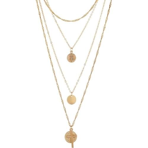 New Fashion Cross Round Pendant Necklace for Women Religious Style Jewelry Vintage 4 Layered Gold Color Baroque Chain Necklace