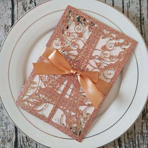 Pink Gold Glitter Tower Paris Wedding Party Invitation Jacket, Customize Print Sweet Fifteen Anniversary Card Wedding Supplies