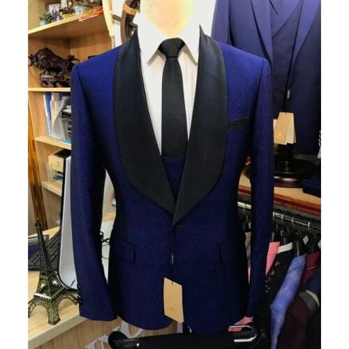 Brand Luxury Blue Printing Prom Wedding Mens Suits 3 Pieces Tuxedo Groom Best Man Suit Set Stage Singer Dress Blazer Vest Pants