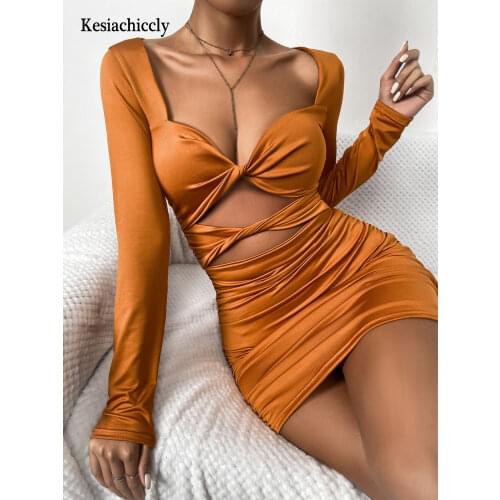 Kesiachiccly Sexy deep v neck bodycon dress Party club hollow out mini dress Elegant autumn chic long sleeve nightclub dress