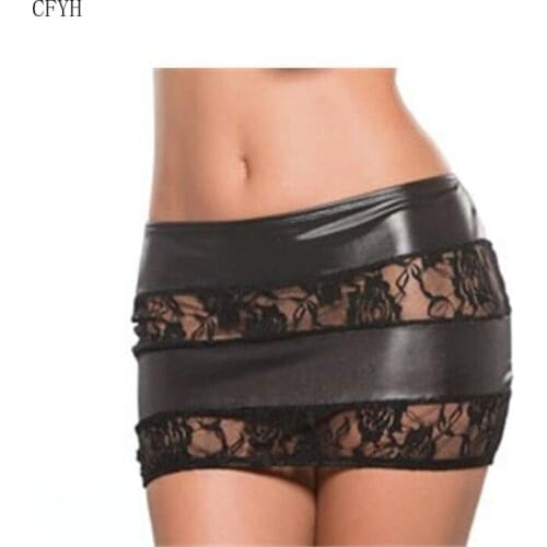 Sexy Lingerie Faux Leather Lace Short Mini Skirt Semi See Through Bodycon Mini Dress Nightclub Dance Costume