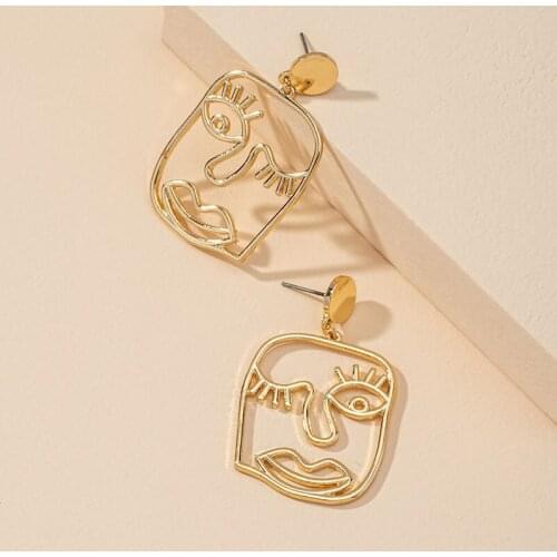 GSOLD Trendy Vintage Abstract Human Face Earring Metal Hollow Geometric Drop Earring Unique Design Women Party Jewelry