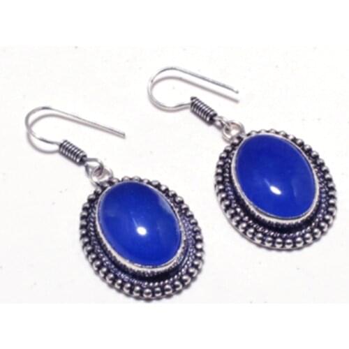 Genuine Blue Chalcedony Silver Overlay on Copper Earrings , Hand made Women Jewelry Gift, E5429