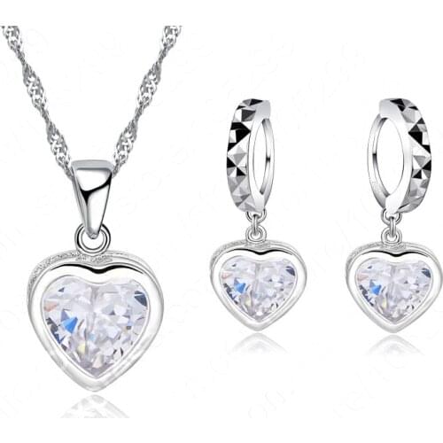 Free Shipping Heart Shiny Cubic Zircon Jewelry Set 925 Sterling Silver CZ Necklace Dangle/Hoop Earrings Dropshiping
