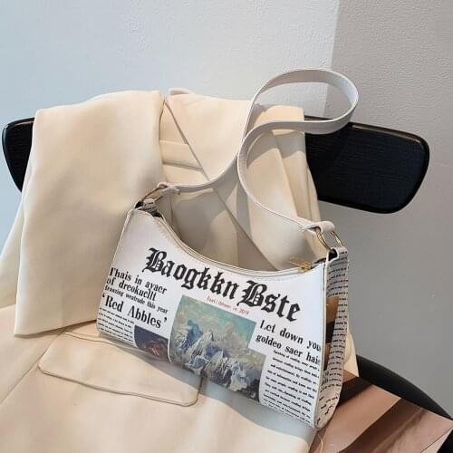Portable Newspaper Printing Subaxillary Bags Women Single Strap Zipper French Shoulder Bags Ladies PU Leather Underarm Bags
