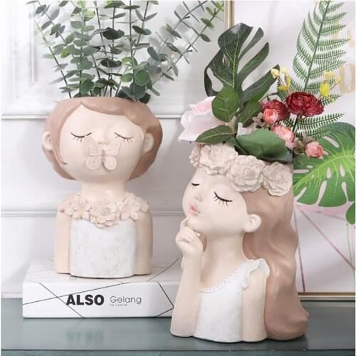 Lovely Girl Fleshy Flower Pot Resin Creative Head Vase Plant Potted Living Room Desktop Flower Arrangement Container Decoration