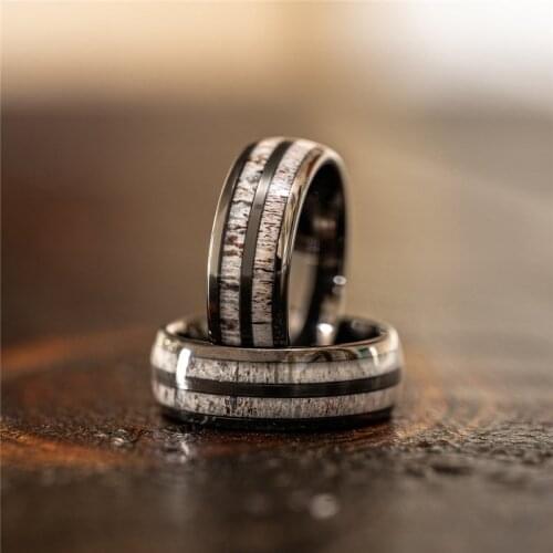 Vintage Men’s 8mm Black Stainless Steel Jewelry Inlay Elk Antler Ring For Men Engagement Wedding Band Anniversary Gift For Him