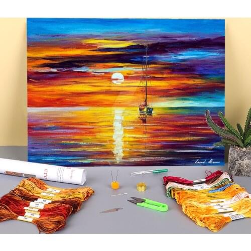 By The Sunset Printed Canvas 11CT Cross Stitch DIY Embroidery Complete Kit DMC Threads Handiwork Knitting Package