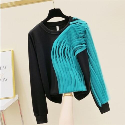 2020 Autumn Womens Black Sweatshirt New Mesh Stitching Contrasting Color Round Neck Pullover Loose Korean Style Lady Hoodies