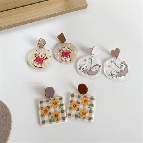 AOMU 2021 Colorful Acrylic Love Square Round Earrings Smooth Geometric Cartoon Bear Rabbit Flower Drop Earrings for Women Gifts