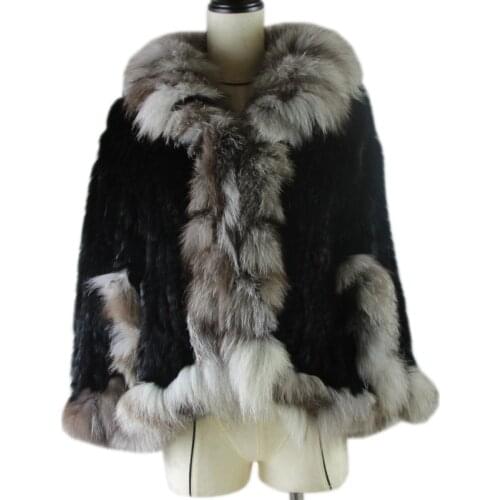 Winter Real Rabbit Fur Poncho For Women Knitted Natural Rabbit Fur Shawl With Genuine silver Fox Fur Collar Pashmina Hot sell