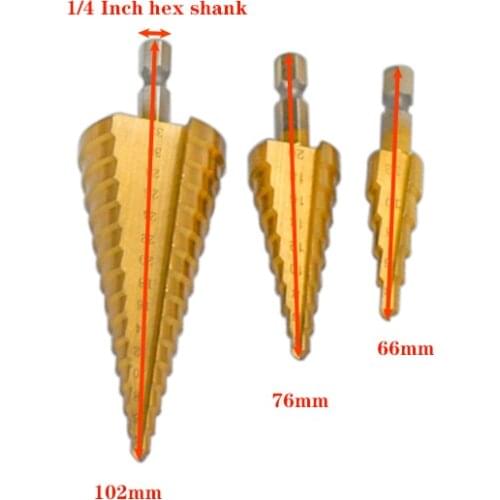 3pcs HSS Titanium Coated Step 1/4" Hex Shank Drill Bits 4-12/4-20/4-32mm Core Drill Bits With 4mm Automatic Center Pin Punch