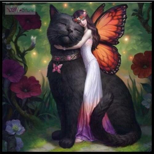 Diamond Painting Cartoon Black cat and elf girl Diamond Mosaic Diamant Embroidery Bedroom Decoration Cross Stitch gift NEW1055