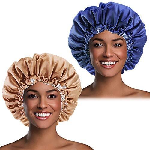 Timoey 2 Pieces Satin Bonnet Sleep Cap Double Layer Reversible Adjustable Bonnet Cap for Night Sleeping Satin Sleep Cap