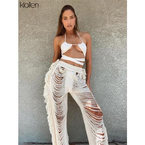 KLALIEN Casual Sexy Hip Hop Punk Hole Wide Leg Pants For Women Autumn 2021 New Side Tassel Knit Trousers High Waist Street