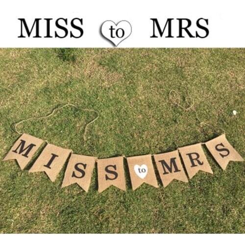Jute Burlap Miss to Mrs Bunting Banner Vintage Hessian Flag for Wedding Party Decoration