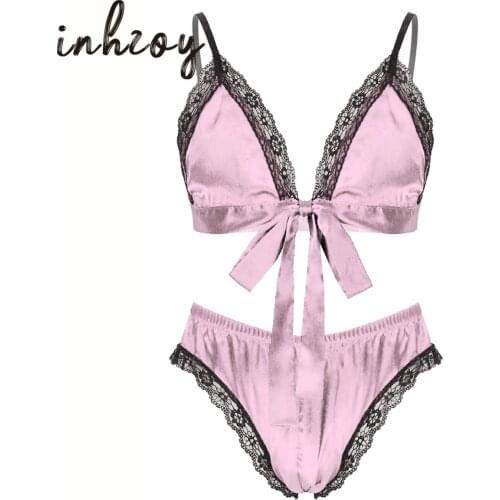 Mens Sissy Lingerie Pajamas Sexy Satin Lace Bikini Top Panties Set Gay Erotic Nightwear Underwear