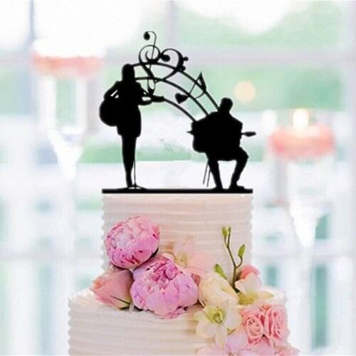 Music Style Guitarist Couple Bride and Groom Silhouette Wedding Cake Topper for Wedding Party Decoration Cake Accessory