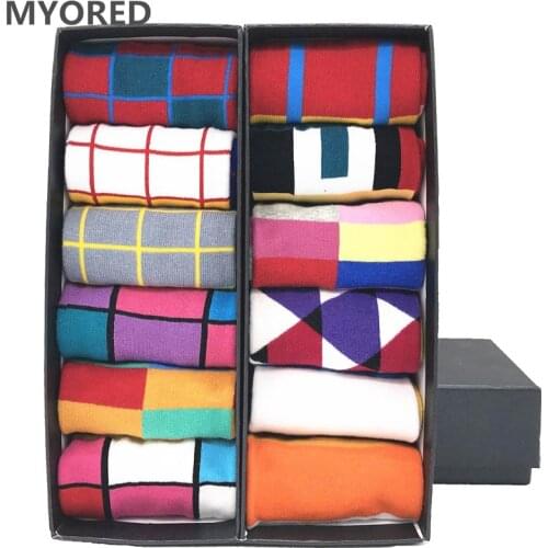 MYORED 12pairs/Lot Colorful Mens casual dress Socks cotton crew striped lattice plaid pattern party gift classic socks NO BOX