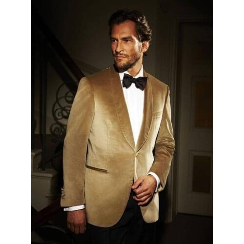 2017 Latest Coat Pant Designs Gold Velvet Shawl Lapel Men Suit Slim Fit 2 Piece Tuxedo Formal Groom Fashion Suit Custom Vestidos