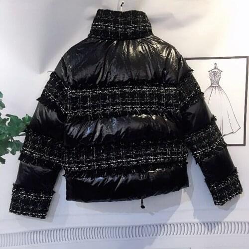 New Winter Tweed Stitching Short Padded Cotton Coat Small Fragrant Warm Jacket Womens Parkas Casual