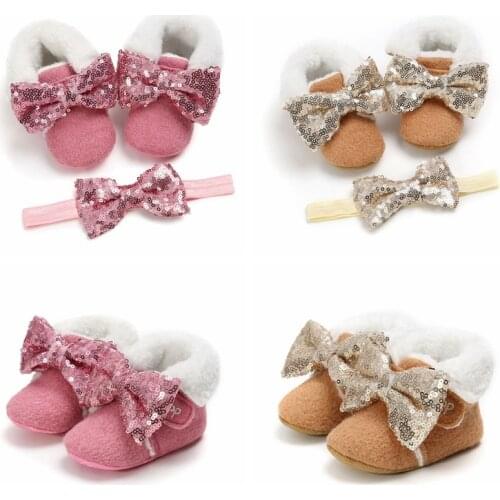 Baby Girls Shoes Winter Fur Baby Shoes With Hairband Warm First Walkers for Newborn Soft Sole Infant Cotton Shoes
