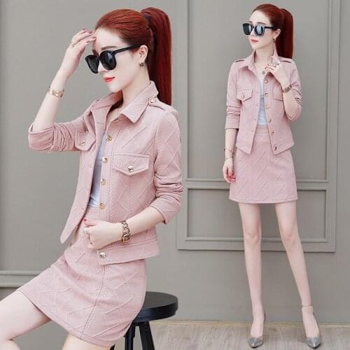 Autumn new womens suit fashion casual office OL temperament package hip skirt knit jacquard two-piece outfits for women