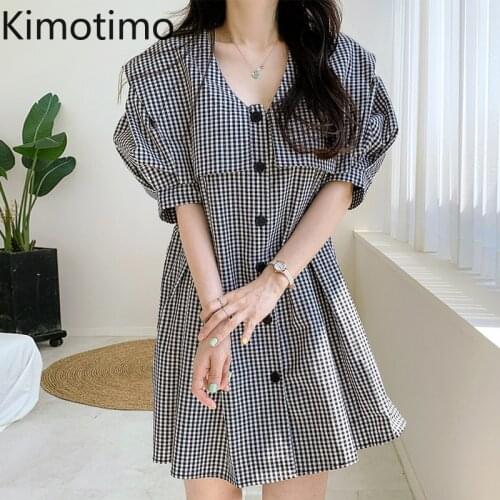 Kimotimo Sailor Collar Plaid Dress Women Korean Casual Age Reduction Single Breasted Loose Puff Sleeve Mini Dresses Ins Summer
