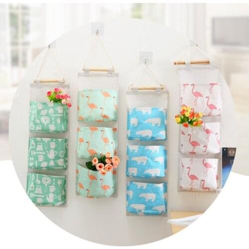 Cartoon Pattern Cotton Linen Hanging Storage Bag 3 Pockets Wall Mounted Wardrobe Hangbag Wall Pouch Cosmetic Toys Organizer