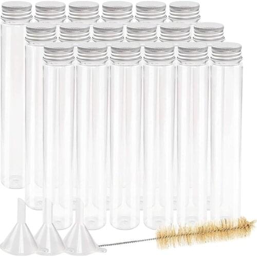 20pcs 115ml Clear Flat Plastic Test Tubes with Screw Caps, 30 x 180mm, with 3 Funnels, 1 Brush, Large Halloween Science Party