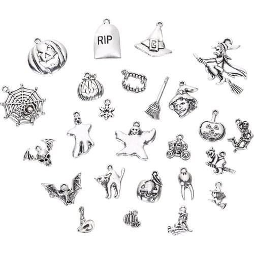 QIBU 20pcs Halloween Alloy Crafts Muiti Designs Elves Witch Party Decoration Materials Silver Keychain Necklace Accessories