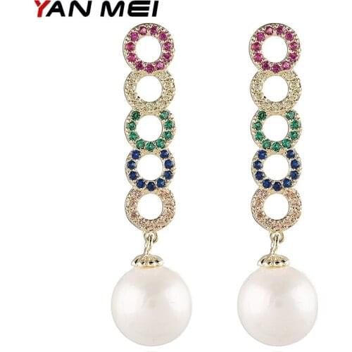 YANMEI Crystal Round Multicolor Simulated Pearl Dangle Earrings For Women CZ Circle Elegant Fashion Jewelry Brincos YME3666