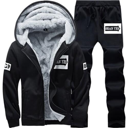 Tracksuit Men Winter Hoodies Men Fur Fleece Hoodies Men Jacket Men Casual Sweatshirts Mn Coat+Pant 2 PCS Moletom Masculino New