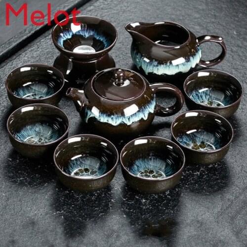 High-End Chinese Simple Teaware Suit Ice Crack Household Complete Set Retro Ru Ware Ceramic Tea Brewing Cup