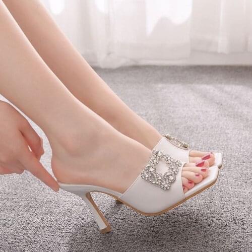 Women sandals wedding Party banquet PU Rhinestones Slip On 9CM Thin High Heels Square Toe sandal for women shoes size 35-42