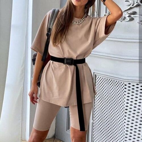 2021 Yoga Two Piece Sets Women Shirt and Short Leggings Comfy Casual T-Shirt Blouse Pant Outfit Suit With Belt Casual Set