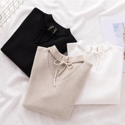 Women Pullover Sweater 2019 Winter V-neck Hollow Sexy Long Sleeve Knitted Sweaters Stretch Solid Casual Slim Jumpers Pull Femme