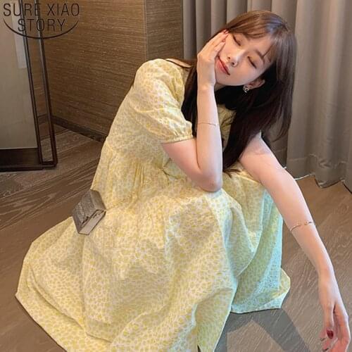 Plus Size Midi Long Dress Summer Floral Dresses Women Short Sleeve French Elegant Yellow Casual Party Loose Dress Vestidos 15498