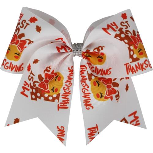 20pcs/7.5inch Thanksgiving Cheer Bow pumpkin maple leaf Turkey Bows For Girls Kids With Elastic Ponytail Holder Cheerleading