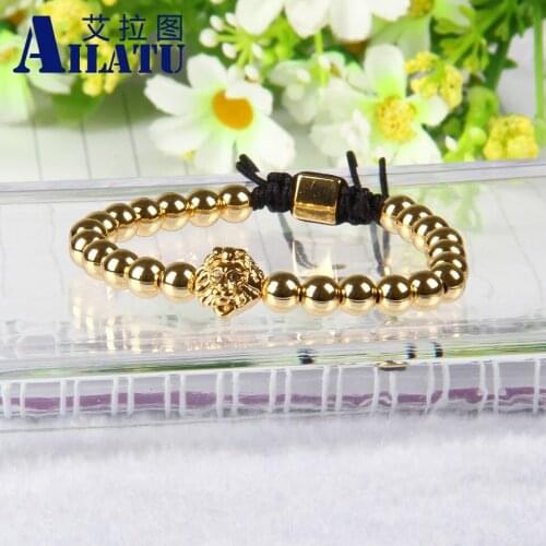 Ailatu Powerful Jewelry 6mm Brass Beads with White Cz Animal Head Macrame Bracelet Animal Shape